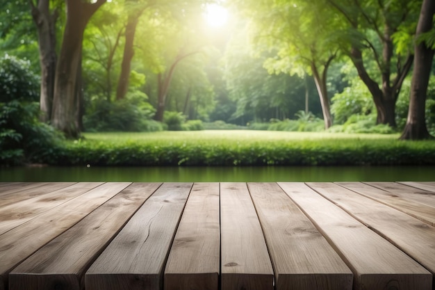 Empty wooden table outdoors green park nature background product display template