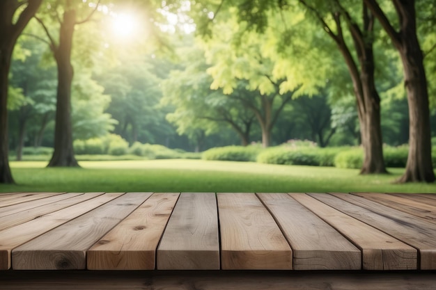 Empty wooden table outdoors green park nature background product display template