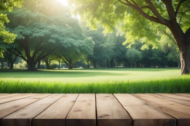 Empty wooden table outdoors green park nature background product display template