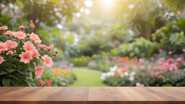 写真 空の木製のテーブルをぼんやりした花の庭の背景 製品ディスプレイの組み立て