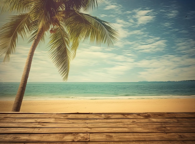 Empty wooden table and palm leaves with party on beach blurred background in summer time Created wit