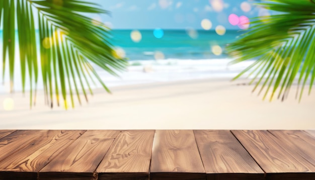 Empty wooden table and palm leaves