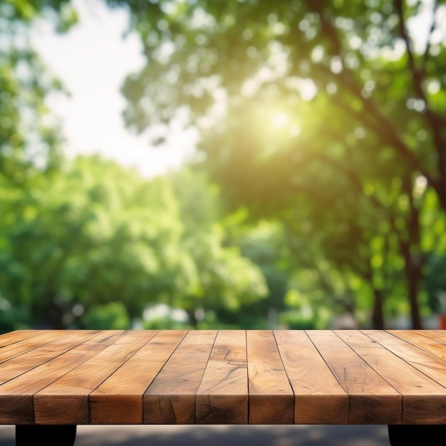 an empty wooden table in a park with trees in the background