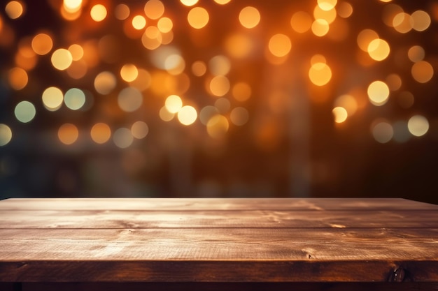 Photo empty wooden table platform and blurred background bokeh of at bar restaurant at night