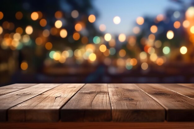 Empty wooden table platform and bokeh of the city at night