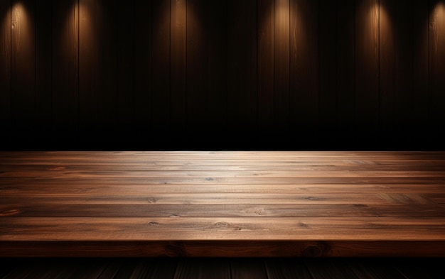 An empty wooden table for presentation with a dark background and isolated recessed lighting