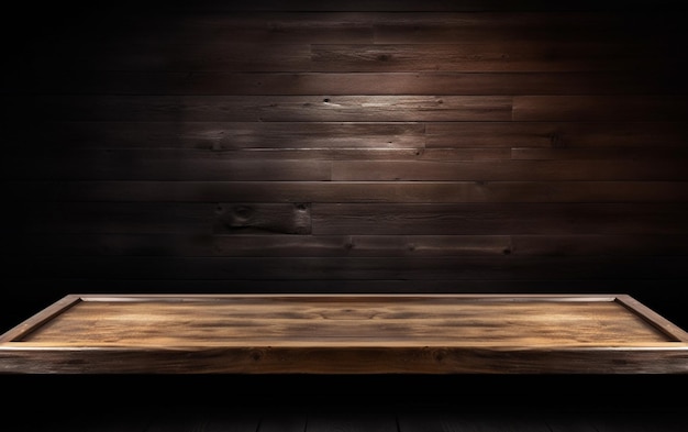 An empty wooden table for presentation with a dark background and isolated recessed lighting