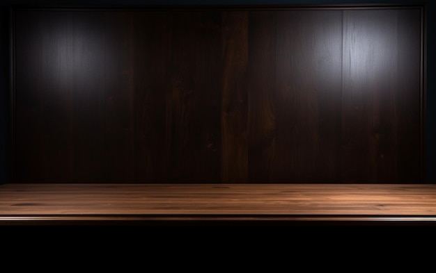 暗い背景と孤立した凹型照明を備えたプレゼンテーション用の空の木製テーブル