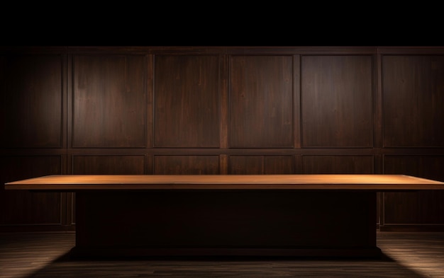 Photo an empty wooden table for presentation with a dark background and isolated recessed lighting