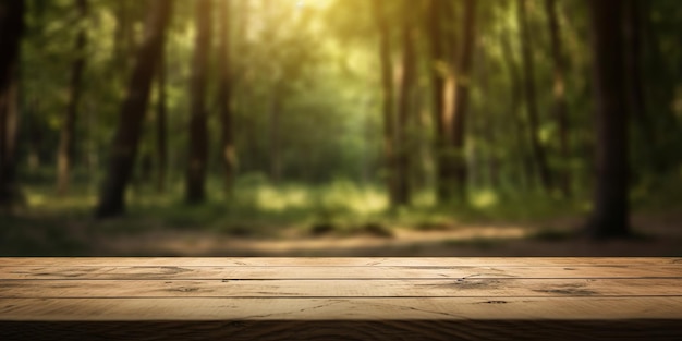 An empty wooden table for product display blurred nature background Generative AI