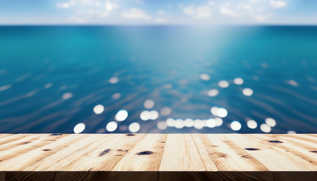 Empty wooden table for product display and blurred sparkling sea background copy space