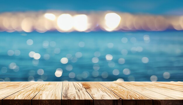 Empty wooden table for product display and blurred sparkling sea background copy space