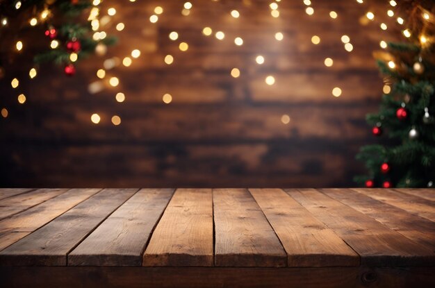 Empty wooden table for product display light blurred background with christmas tree High quality images