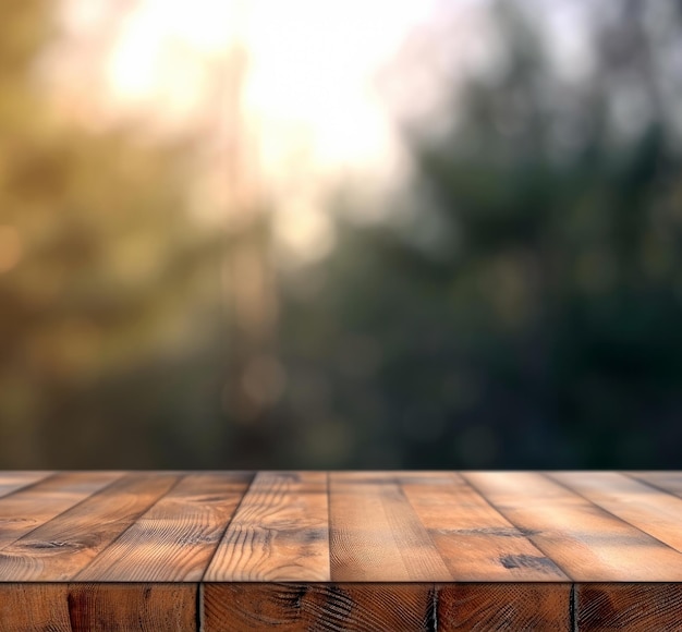 흐린 녹색 공원 배경이 있는 제품 디스플레이 몽타주를 위한 빈 나무 테이블