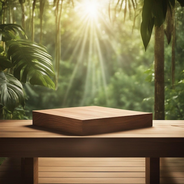 An Empty Wooden Table Product Display Podium Illuminated by Sunlight with jungle background