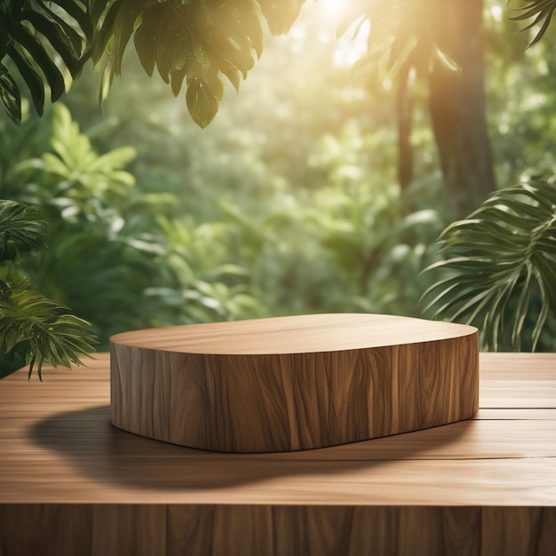 An Empty Wooden Table Product Display Podium Illuminated by Sunlight with jungle background