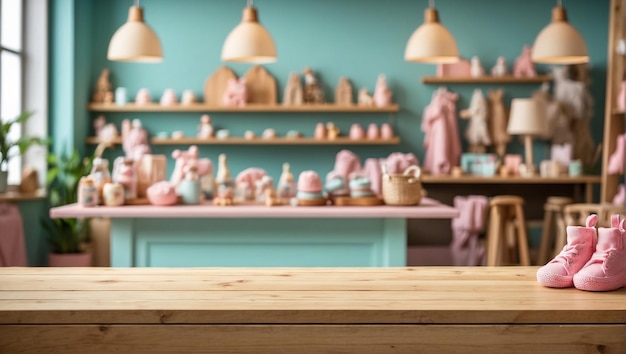 Empty wooden table for product display with baby shop background