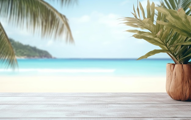 Empty wooden table for product display with blurred exotic tropical seaside background