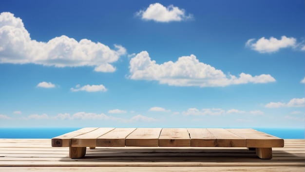 Empty wooden table for product display with a bright blue sky as a background