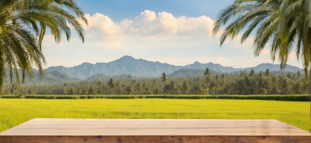 Photo empty wooden table for product display with rice field background