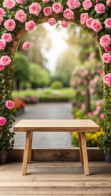 Пустой деревянный стол для экспозиции продуктов с фоном розового сада