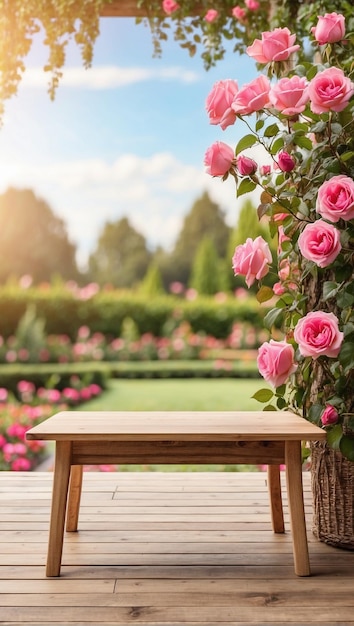 Empty wooden table for product display with rose garden background