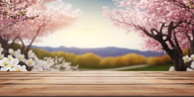 Empty wooden table for product display with spring cherry blossom background