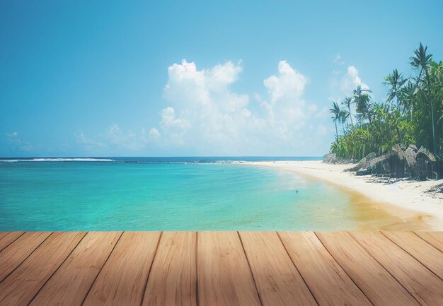 Empty wooden table for product display with view of tropical beach background