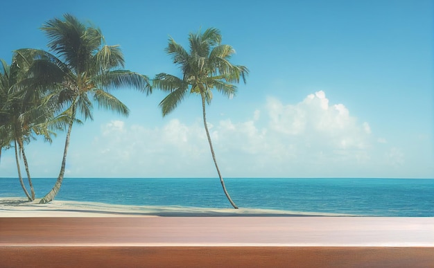 Empty wooden table for product display with view of tropical beach background