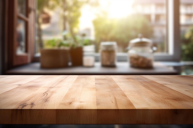 製品の配置や組み立てのための空の木製のテーブルで,キッチンの背景がぼやけています.