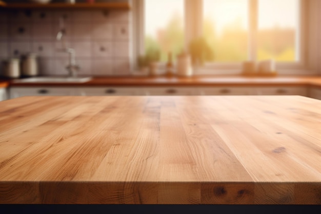 Empty wooden table for product placement or montage with blurred kitchen background