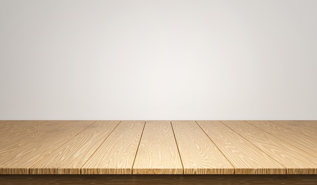 Photo empty wooden table for product placement or montage with focus to the table top in the foreground with white background. 3d illustration rendering.