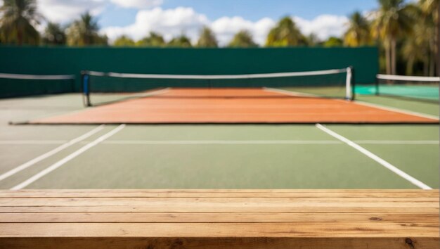 empty wooden table for product presentation with blurry tennis court background