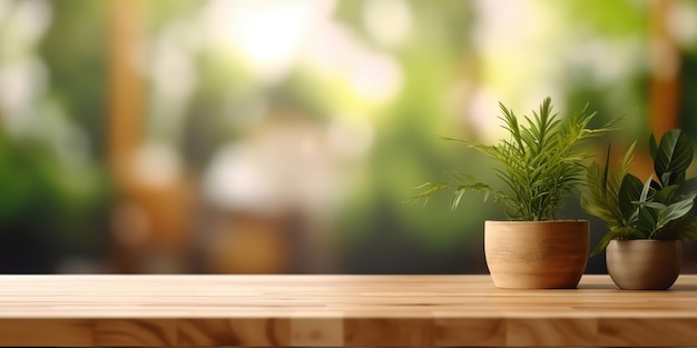 Empty wooden table product stage for promotion behind blurred living room with green plant