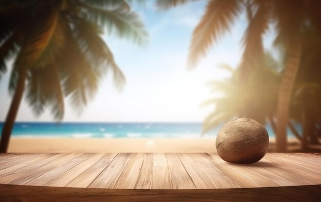 empty wooden table product stage for promotion behind bluured beach with coconut tree background