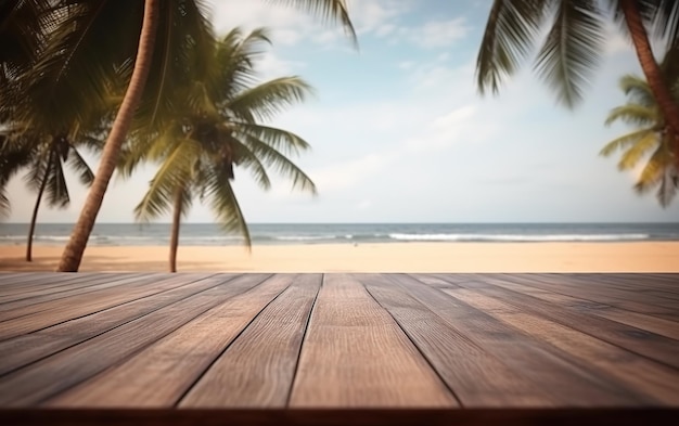 empty wooden table product stage for promotion behind bluured beach with coconut tree background