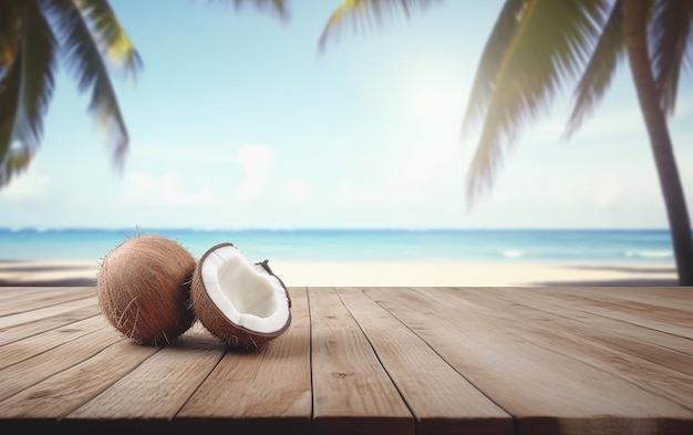 empty wooden table product stage for promotion behind bluured beach with coconut tree background