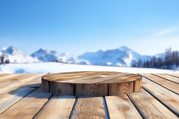 empty wooden table product stage for promotion behind snow background at sunny day