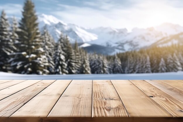 empty wooden table product stage for promotion behind snow background at sunny day