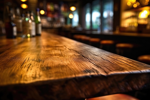 Empty wooden table in a pub or restaurant blurred background High quality photo