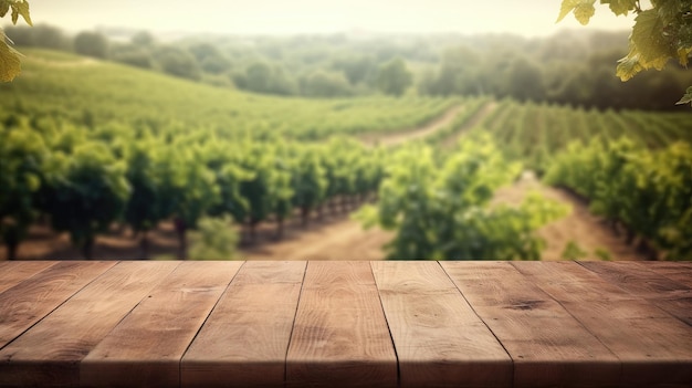 Empty Wooden Table ready for Product Display Blurred French vineyard in the background