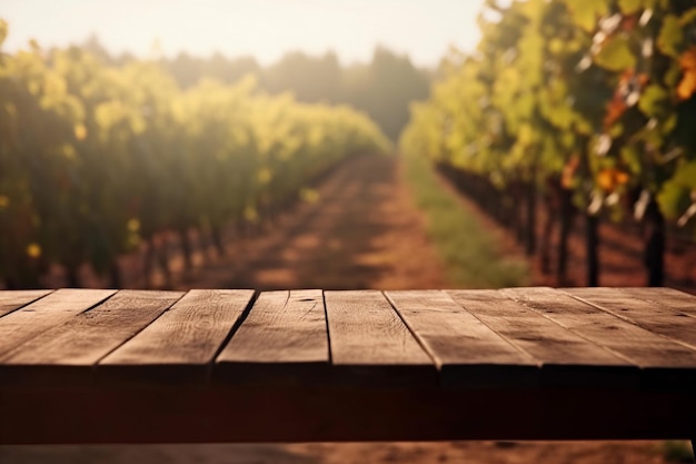 Empty wooden table in a rustic vineyard