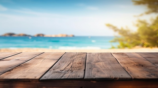 Empty wooden table rustical style for product presentation with a blurred beach in the background