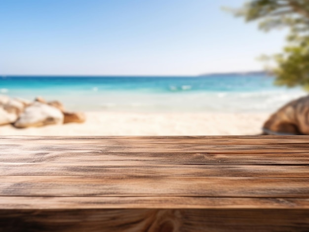 Empty wooden table rustical style for product presentation with a blurred beach in the background