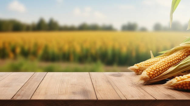 Empty wooden table rustical style for product presentation with a blurred corn field in the background