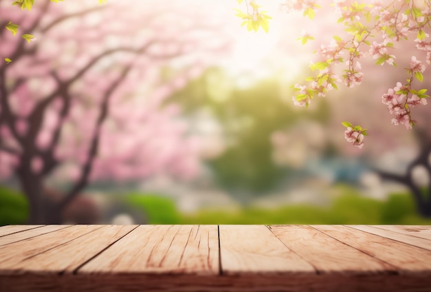 Empty wooden table in Sakura flower Park with garden bokeh background