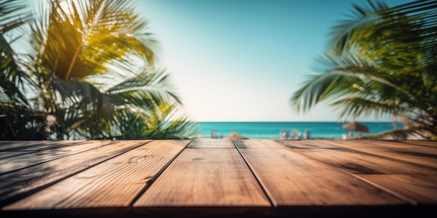 Empty wooden table on sea background Desk of free space for product display Created Generative Ai