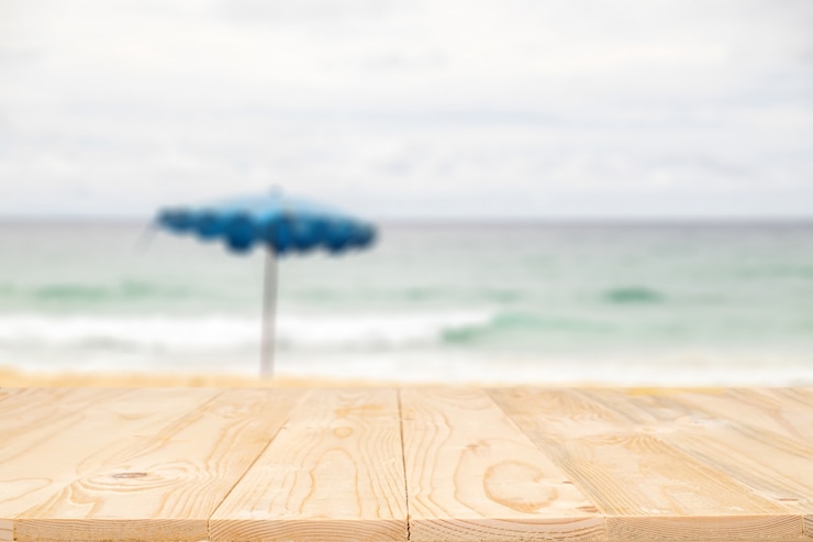Photo empty wooden table space platform and blurred background for product display montage.