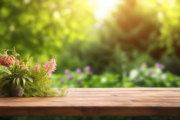 緑の自然の背景に空の木製テーブル春の花