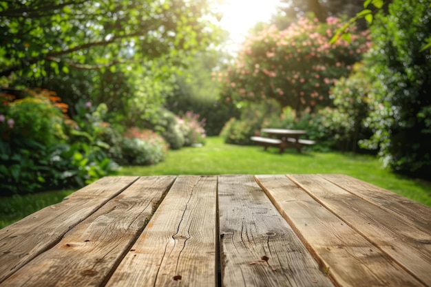 Empty wooden table on summer background with the blurred green garden Generative AI